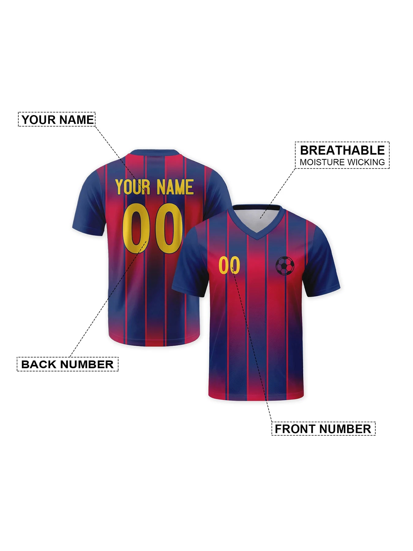 Personalized Football Shirt with Logo, Name and Number, Red and Blue Football Jersey for Men, Youth, Women and Fans