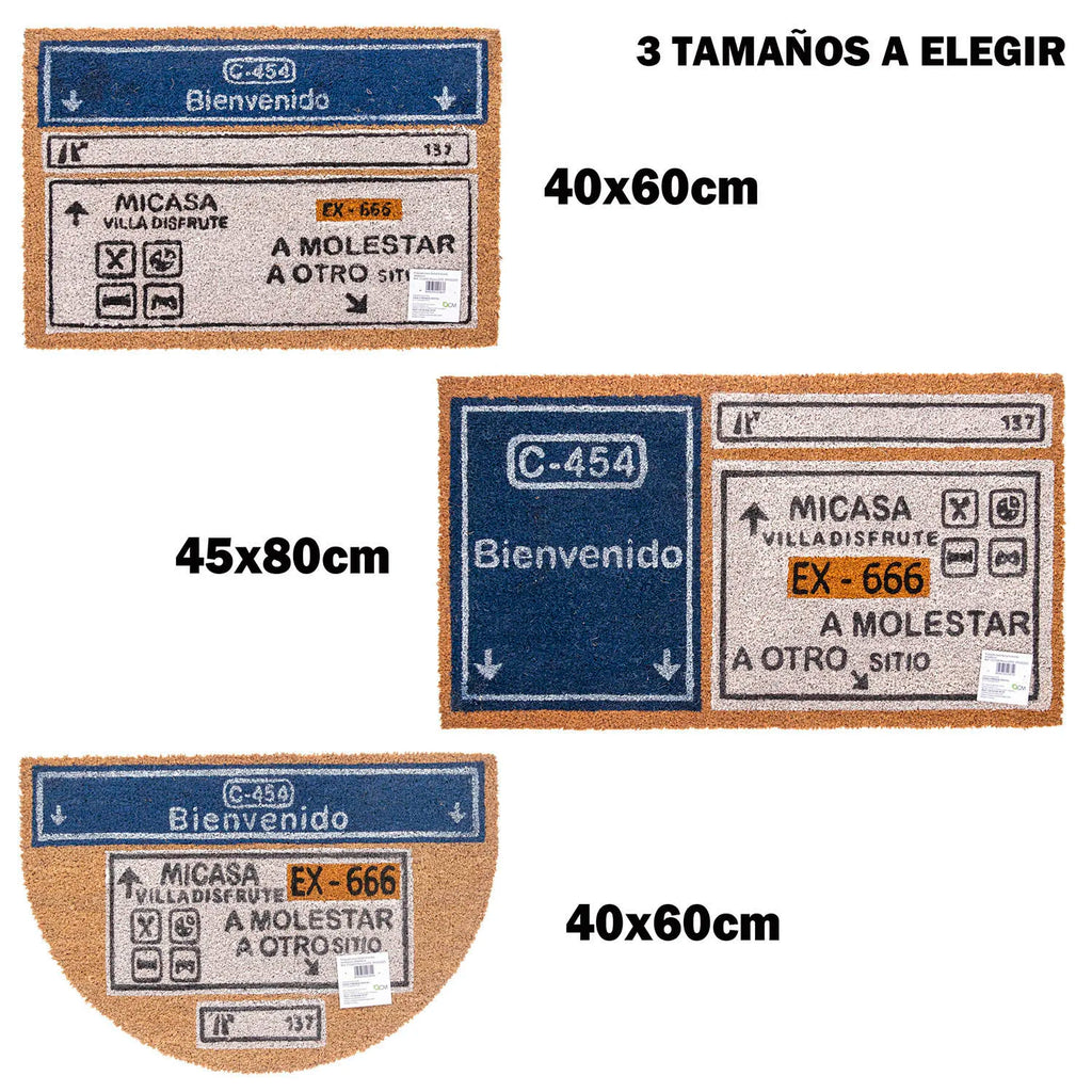 Felpudo de Coco Natural con Base Antideslizante, Absorbente para la entrada de casa, Ideal para Puerta Exterior o Pasillo. Bienvenido cartel autopista. 3 tamaños disponibles