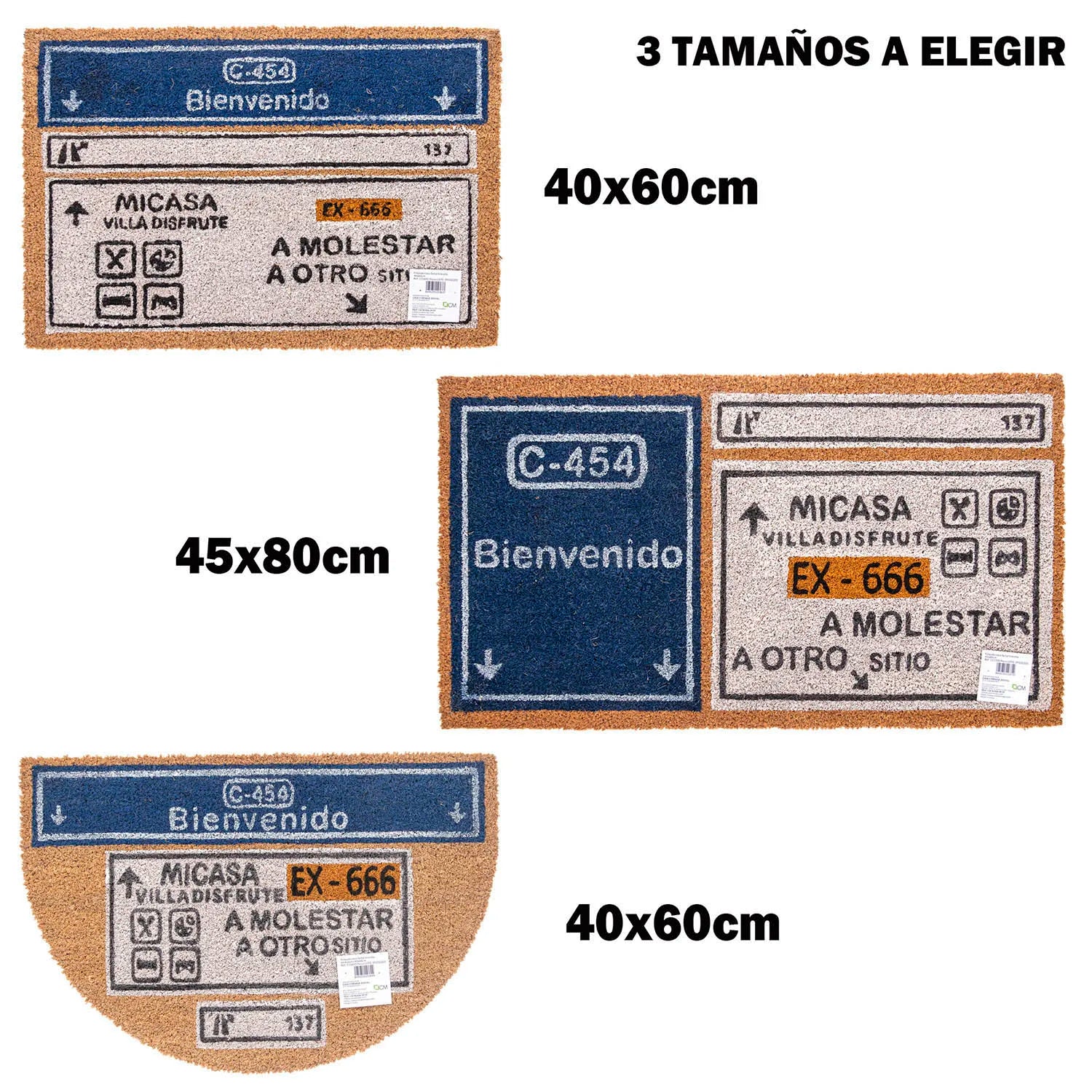Felpudo de Coco Natural con Base Antideslizante, Absorbente para la entrada de casa, Ideal para Puerta Exterior o Pasillo. Bienvenido cartel autopista. 3 tamaños disponibles