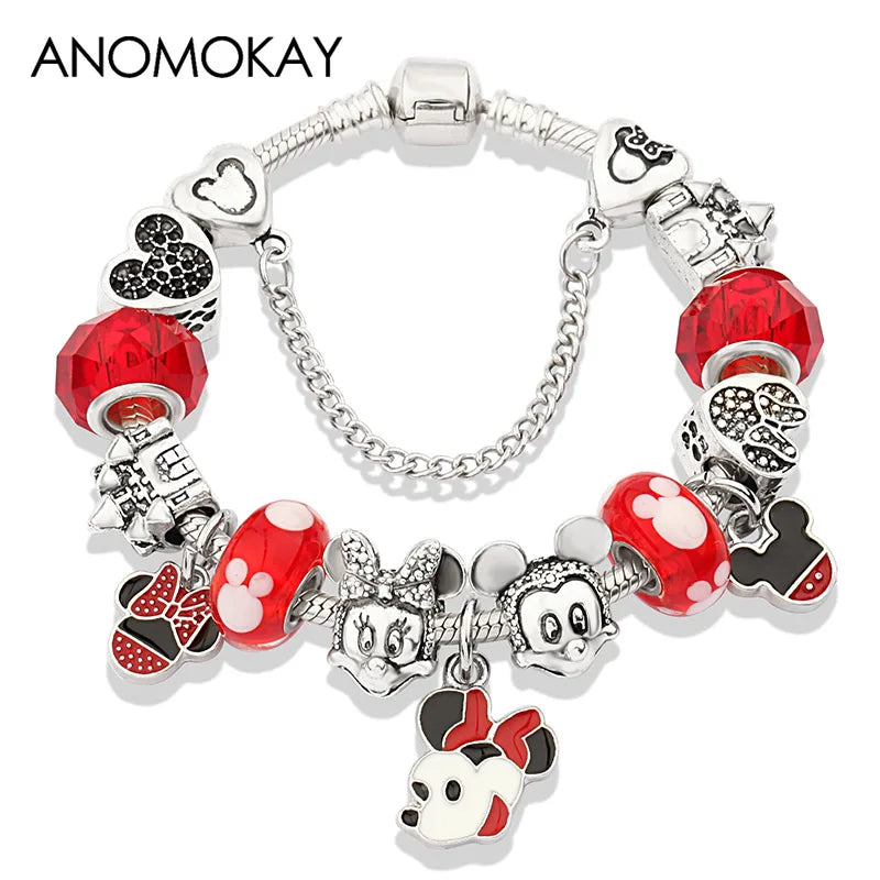 Beautiful pink crystal Disney Mickey and Minnie charm bracelet, silver-tone heart bead bracelet for women and girls, fashionable jewelry gift