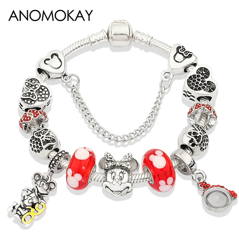 Beautiful pink crystal Disney Mickey and Minnie charm bracelet, silver-tone heart bead bracelet for women and girls, fashionable jewelry gift