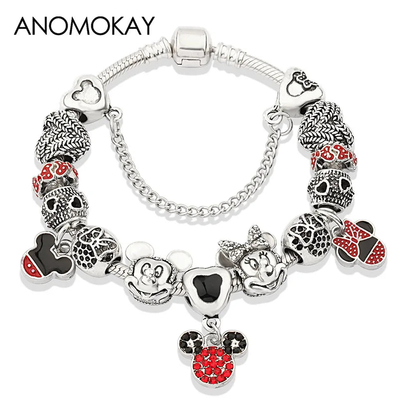 Beautiful pink crystal Disney Mickey and Minnie charm bracelet, silver-tone heart bead bracelet for women and girls, fashionable jewelry gift