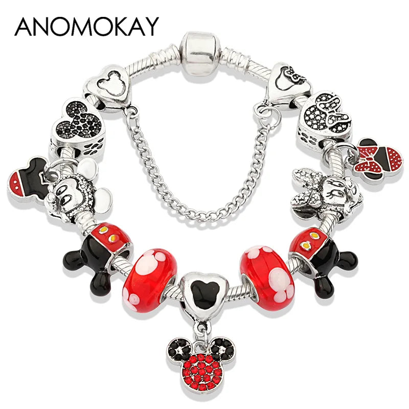 Beautiful pink crystal Disney Mickey and Minnie charm bracelet, silver-tone heart bead bracelet for women and girls, fashionable jewelry gift