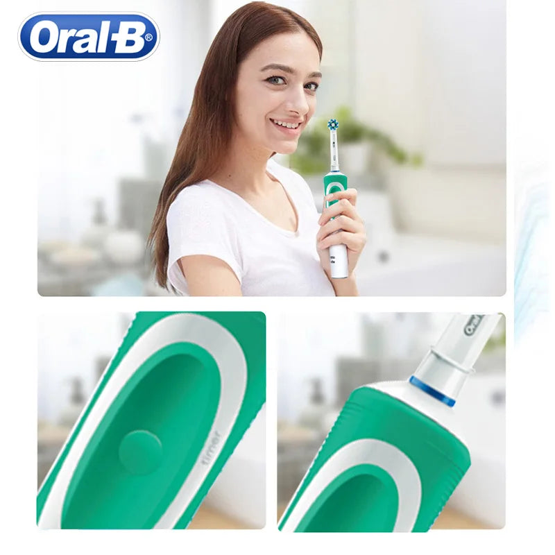 Oral-B electric toothbrush with 2D rotating vibration, cleaning, charging, cross-bristle design, oral care, 4 free brush heads included
