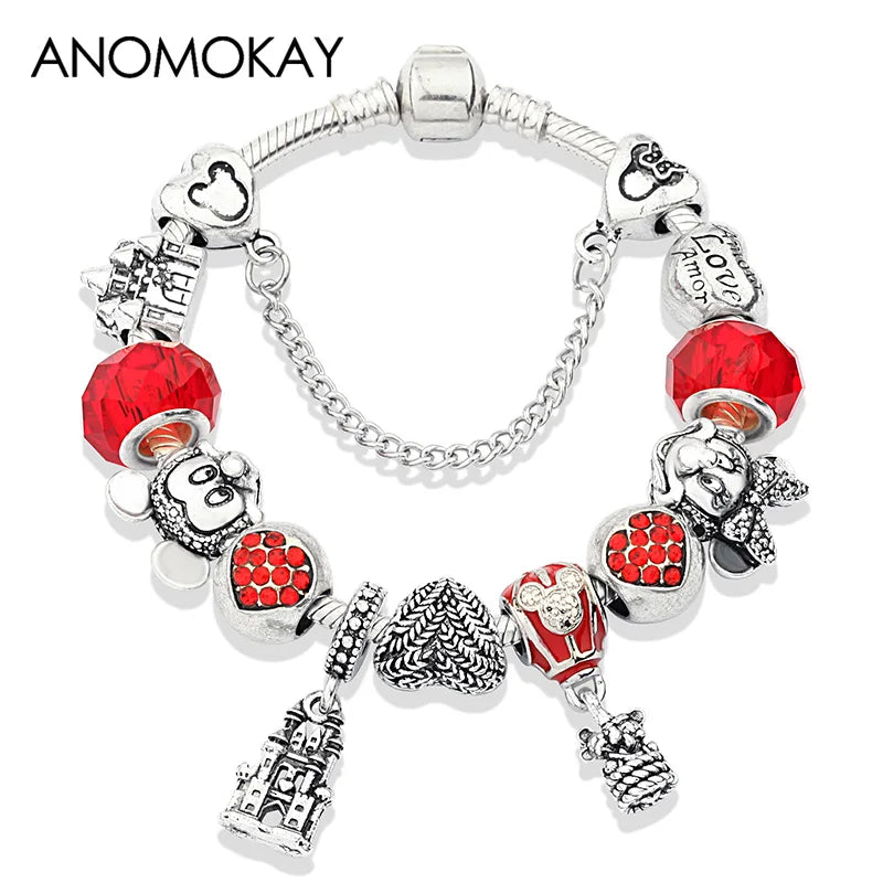 Beautiful pink crystal Disney Mickey and Minnie charm bracelet, silver-tone heart bead bracelet for women and girls, fashionable jewelry gift