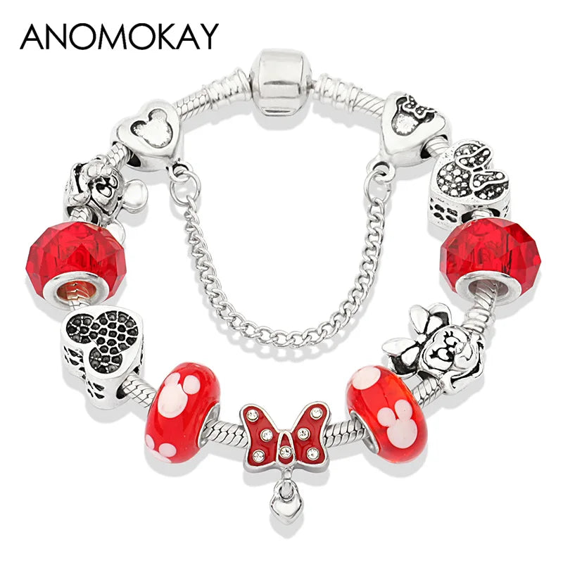 Beautiful pink crystal Disney Mickey and Minnie charm bracelet, silver-tone heart bead bracelet for women and girls, fashionable jewelry gift