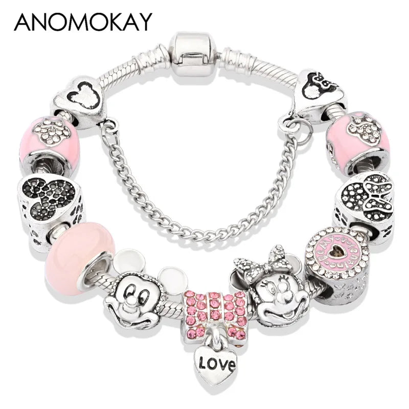 Beautiful pink crystal Disney Mickey and Minnie charm bracelet, silver-tone heart bead bracelet for women and girls, fashionable jewelry gift