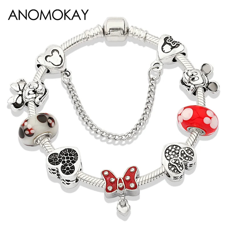 Beautiful pink crystal Disney Mickey and Minnie charm bracelet, silver-tone heart bead bracelet for women and girls, fashionable jewelry gift