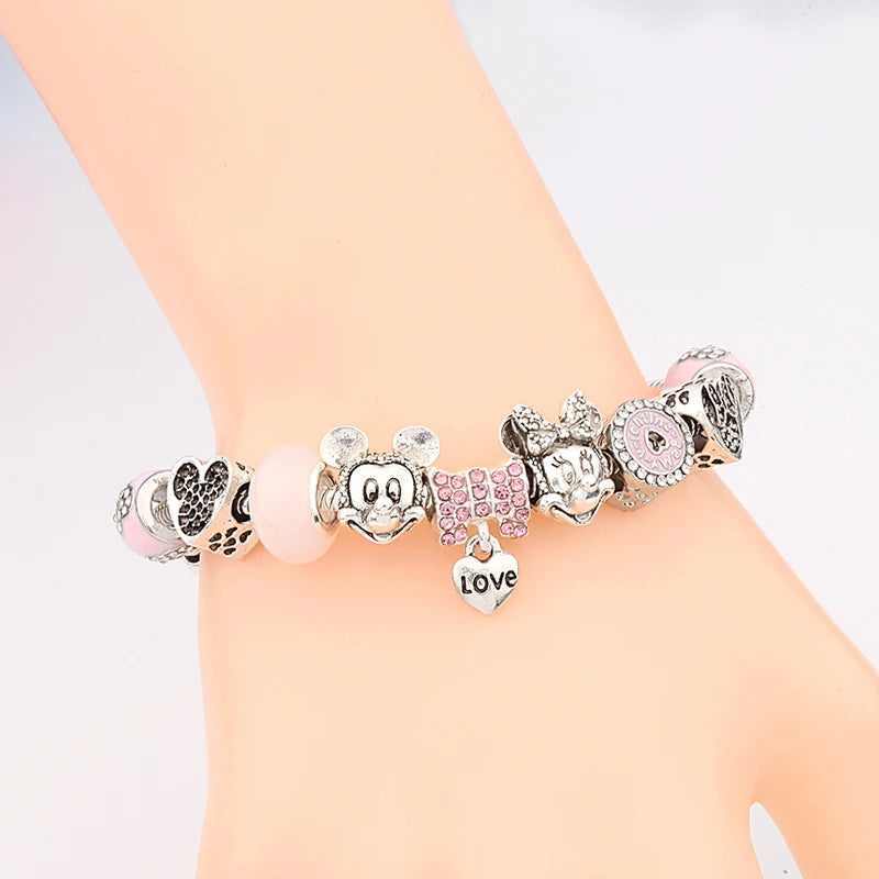 Beautiful pink crystal Disney Mickey and Minnie charm bracelet, silver-tone heart bead bracelet for women and girls, fashionable jewelry gift