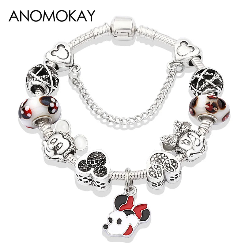 Beautiful pink crystal Disney Mickey and Minnie charm bracelet, silver-tone heart bead bracelet for women and girls, fashionable jewelry gift