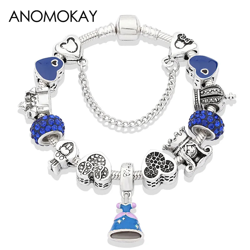 Beautiful pink crystal Disney Mickey and Minnie charm bracelet, silver-tone heart bead bracelet for women and girls, fashionable jewelry gift