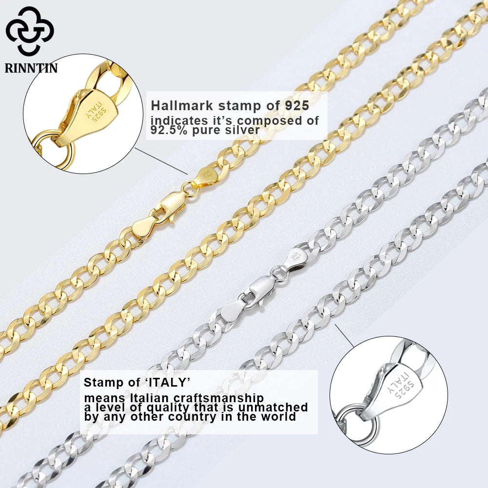 Rinntin-collar de cadena de eslabones cubanos con corte de diamante italiano para hombre y mujer, oro de 18 quilates, más de Plata de Ley 925, 3mm/5mm, joyería SC60 - CR mark