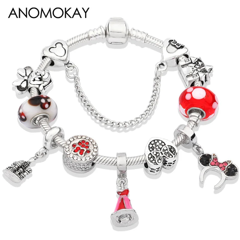 Beautiful pink crystal Disney Mickey and Minnie charm bracelet, silver-tone heart bead bracelet for women and girls, fashionable jewelry gift