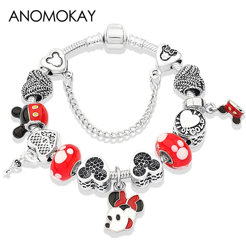 Beautiful pink crystal Disney Mickey and Minnie charm bracelet, silver-tone heart bead bracelet for women and girls, fashionable jewelry gift