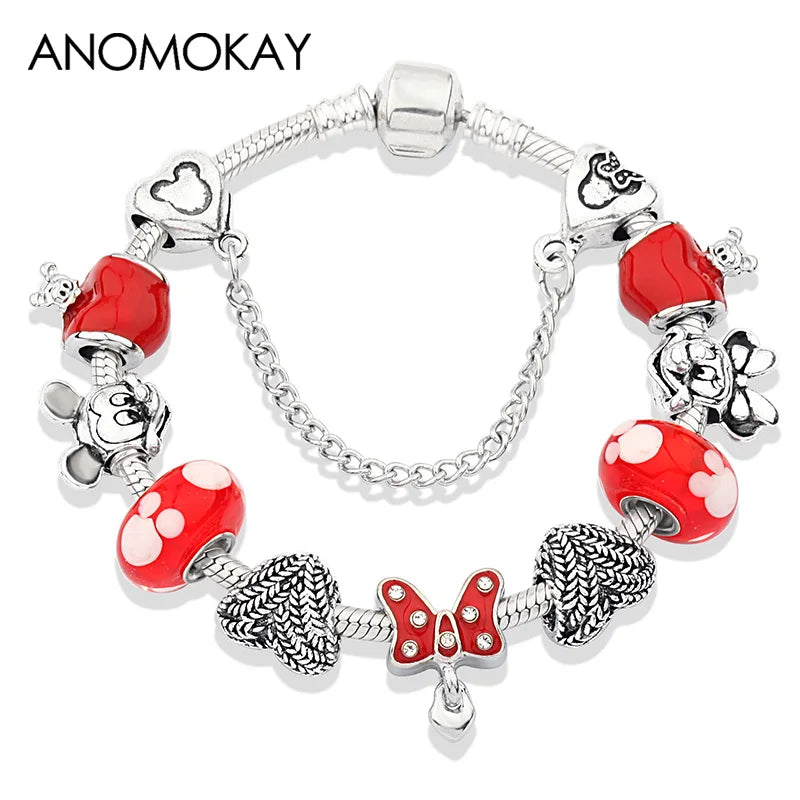 Beautiful pink crystal Disney Mickey and Minnie charm bracelet, silver-tone heart bead bracelet for women and girls, fashionable jewelry gift