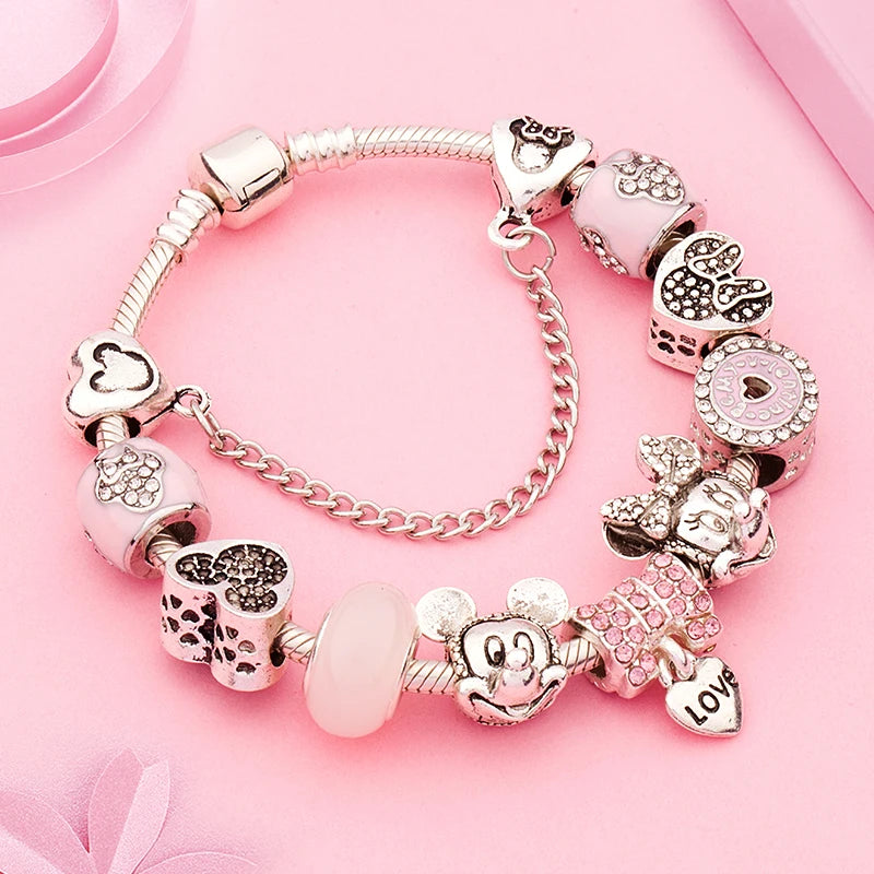 Beautiful pink crystal Disney Mickey and Minnie charm bracelet, silver-tone heart bead bracelet for women and girls, fashionable jewelry gift