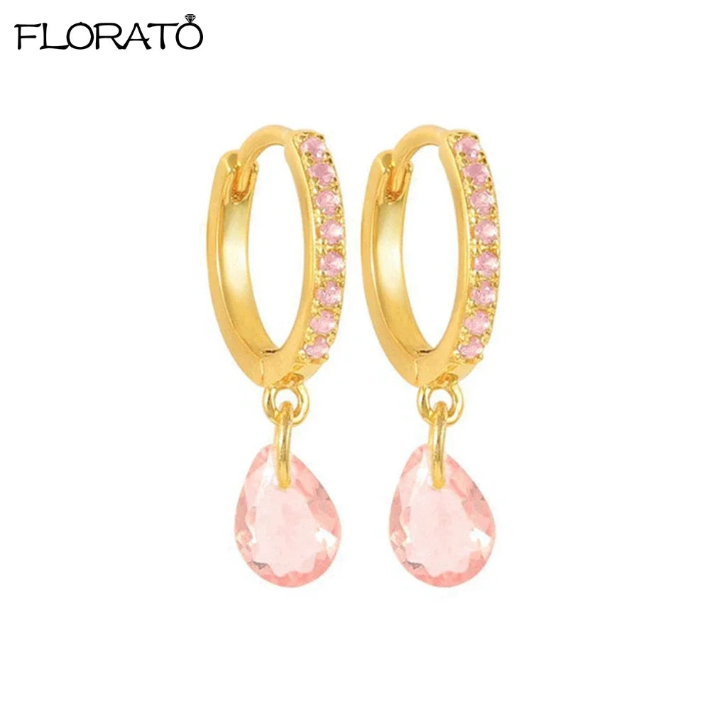 Pendientes de aro con colgante de gota de agua para mujer, aretes de plata 925, Piercing de circonita cúbica colorida, joyería de tendencia 2023, venta al por mayor - CR mark