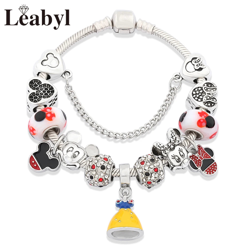 Beautiful pink crystal Disney Mickey and Minnie charm bracelet, silver-tone heart bead bracelet for women and girls, fashionable jewelry gift