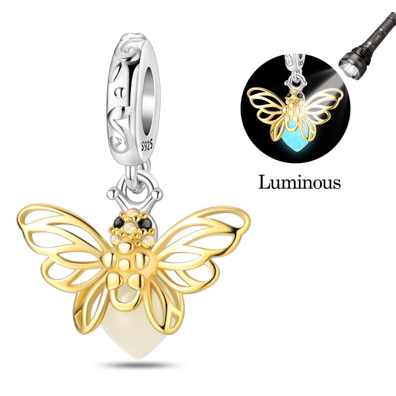 Cuentas de dijes originales de Plata de Ley 925, leopardo dorado, luciérnaga, mariposa, globo aerostático, cuentas aptas para pulsera DIY, joyería fina - CR mark