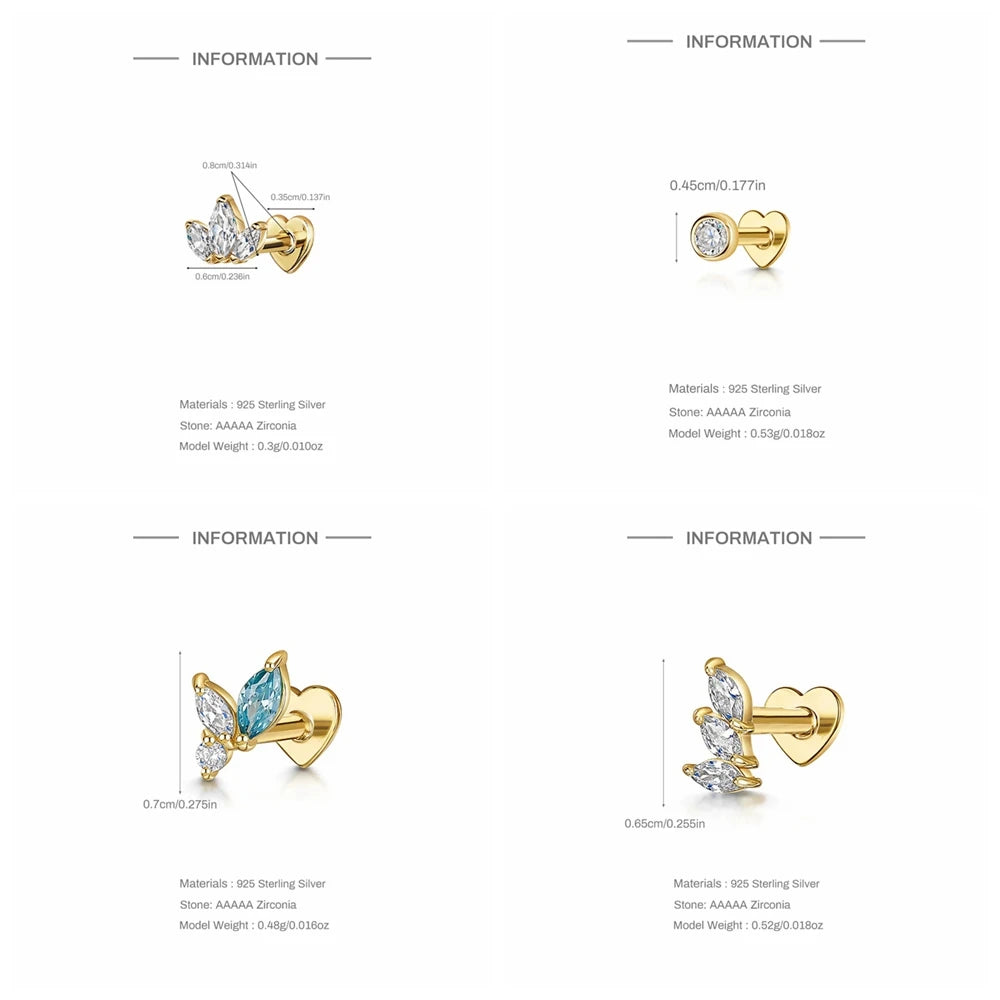 Pendientes ROXI de Plata de Ley 925 con circonita, 1 unidad, estrella de ocho puntas, corazón de oro/plata de 18 quilates, piercing con parte posterior plana, regalo de joyería - CR mark