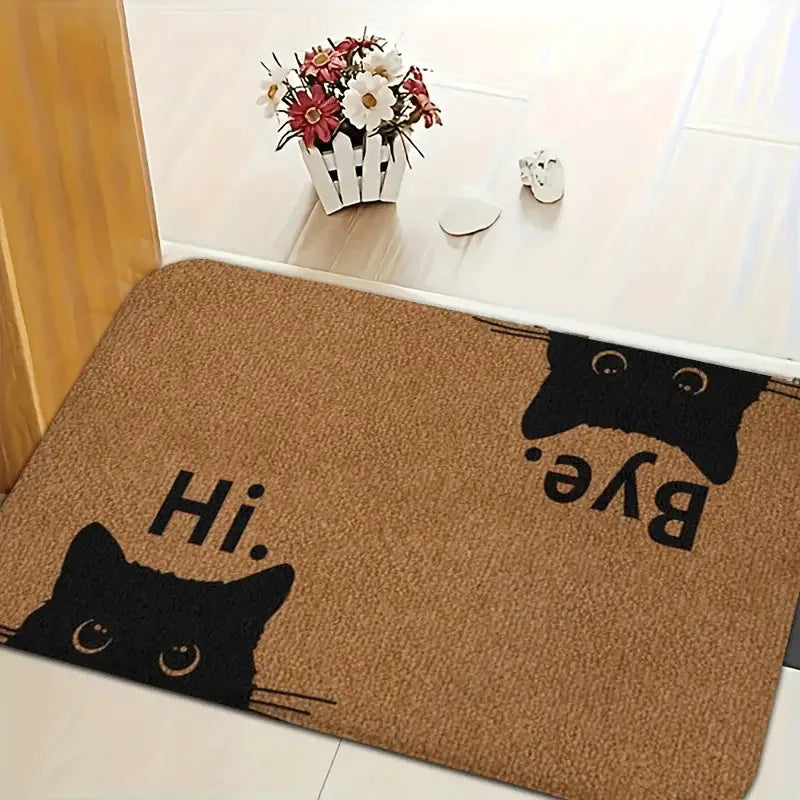 Felpudo VIKAMA con texto 'Hui' y 'Bye' Adorable alfombrilla para puerta con cara de gato negro, lavable a máquina y fácil de limpiar, decoración del hogar