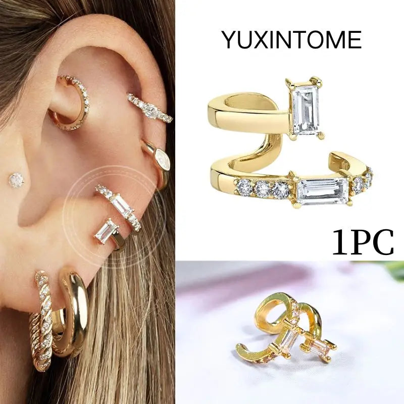 Pendientes chapados en oro de 24K para mujer, aretes con Clip de piedra de circón de cristal, joyería de lujo en forma de C, bisutería, 1 ud. - CR mark