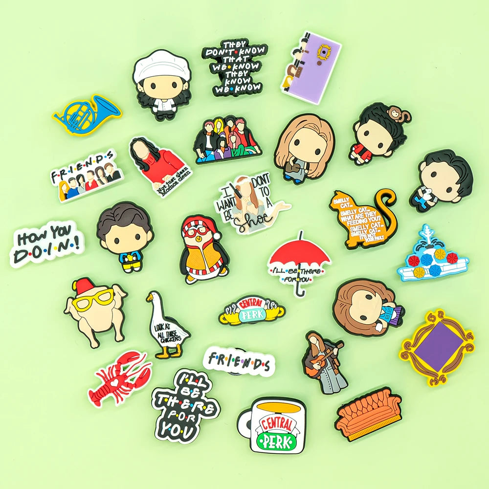1-28 Pcs PVC Friends Shoe Charms for Women and Men Rachel Monica, Classic American Movie Clog Buckles for Sandals, Shoe Decoration Pins