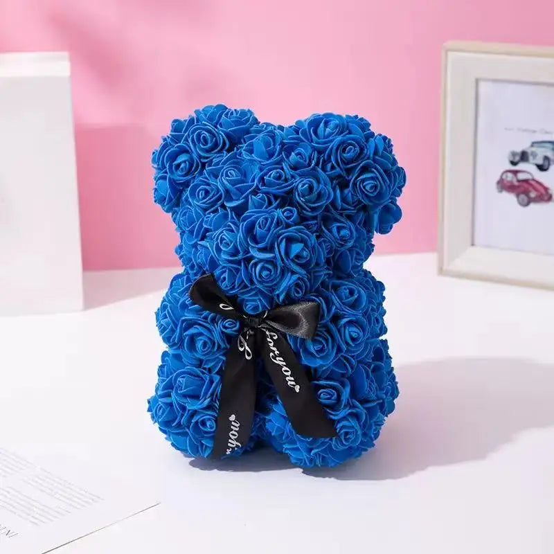 25cm Artificial Pink Flower Teddy Bear with Box, Romantic Valentine's Day Gift, Wedding and Anniversary Party Supplies for Girlfriend and Woman