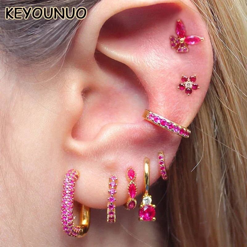 KYOUNUO-Conjunto de pendientes colgantes rellenos de oro y plata para mujer, puños para las orejas, pendientes de aro con forma de flor y mariposa de circón, joyería al por mayor - CR mark
