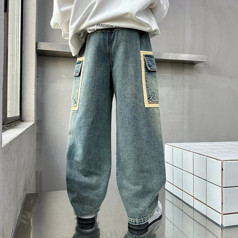 New design, relaxed fit straight leg cargo jeans for teen boys, loose jeans with pocket, casual pants for kids