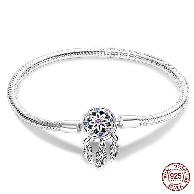 Original 925 Sterling Silver Bracelet, 17-20CM, Star, Moon, Sun, Four Leaf Clover, Green Zircon Bracelets, DIY Charms, Birthday Jewelry Gifts