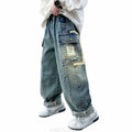 New design, relaxed fit straight leg cargo jeans for teen boys, loose jeans with pocket, casual pants for kids