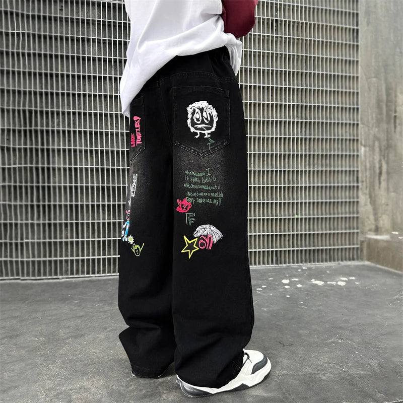 Nueva moda, pantalones vaqueros negros con dibujo para niños y niñas, ropa de calle informal, pantalones vaqueros Unisex para niños, pantalones vaqueros rectos