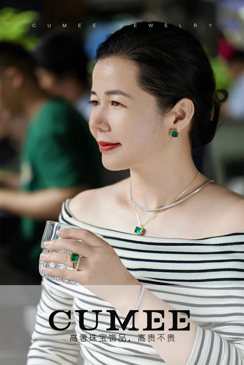 CUMEE Conjunto de joyería de plata 925 personalizado, pendiente de Esmeralda sintética cultivada para joyería de mujer, chapado en oro amarillo de 18 quilates - CR mark