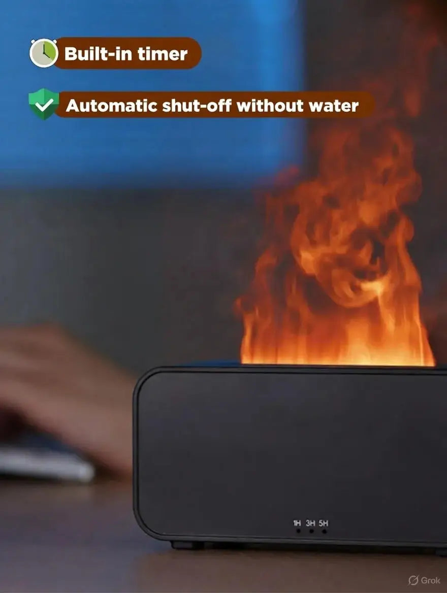 Mini Aroma Diffuser with Flame Effect, 120ml Ultrasonic Humidifier, 7-Color Night Light Timer, Essential Oil Air Humidifier for Bedroom