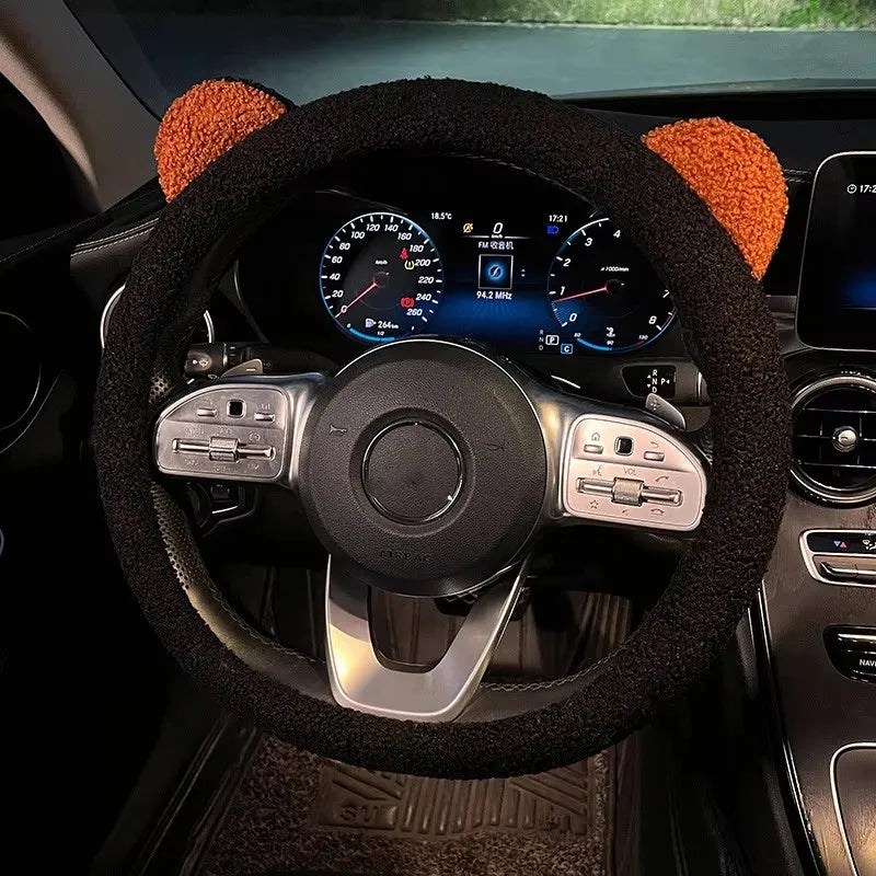 New Winter Warm Soft Plush Cartoon Bear Ear Car Interior Accessories 38cm Car Steering Wheel Protector Hand Cover
