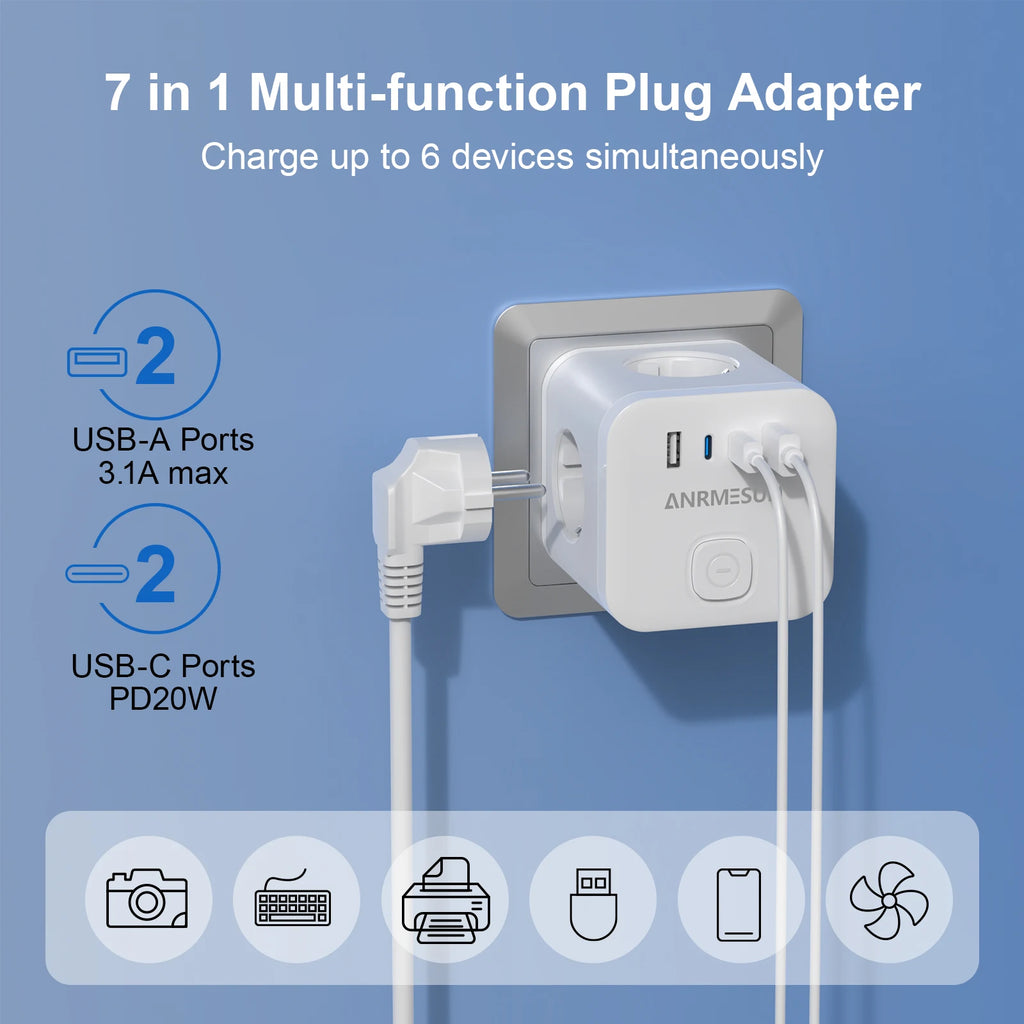 European plug cube power strip with 3 AC outlets, multi-plug adapter, 100-240V 13A power socket for home, office or travel