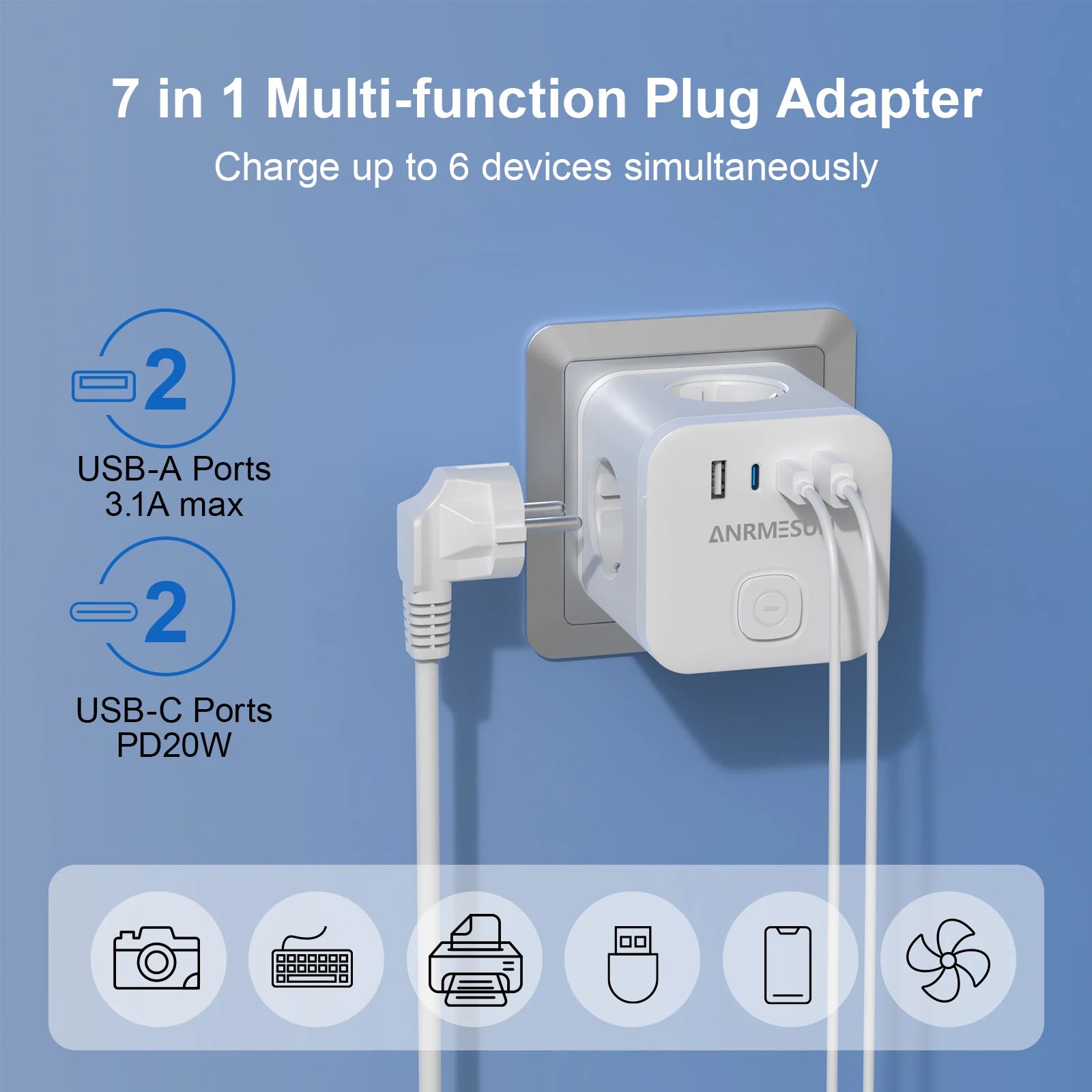 European plug cube power strip with 3 AC outlets, multi-plug adapter, 100-240V 13A power socket for home, office or travel