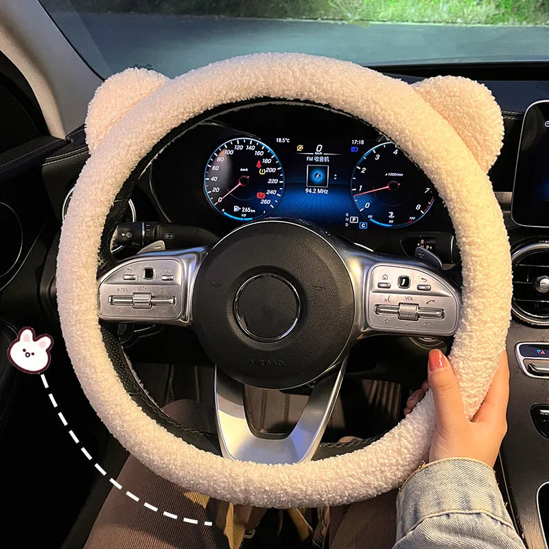 New Winter Warm Soft Plush Cartoon Bear Ear Car Interior Accessories 38cm Car Steering Wheel Protector Hand Cover