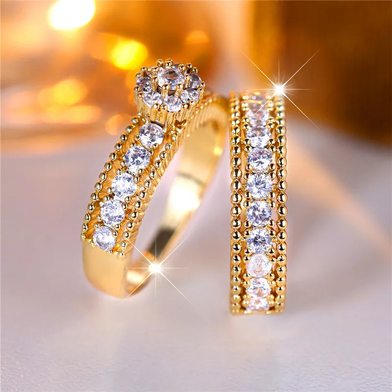 Conjunto de anillos redondos blancos de lujo para mujer, joyería de compromiso de Color oro amarillo a la moda, regalo de boda para novia - CR mark