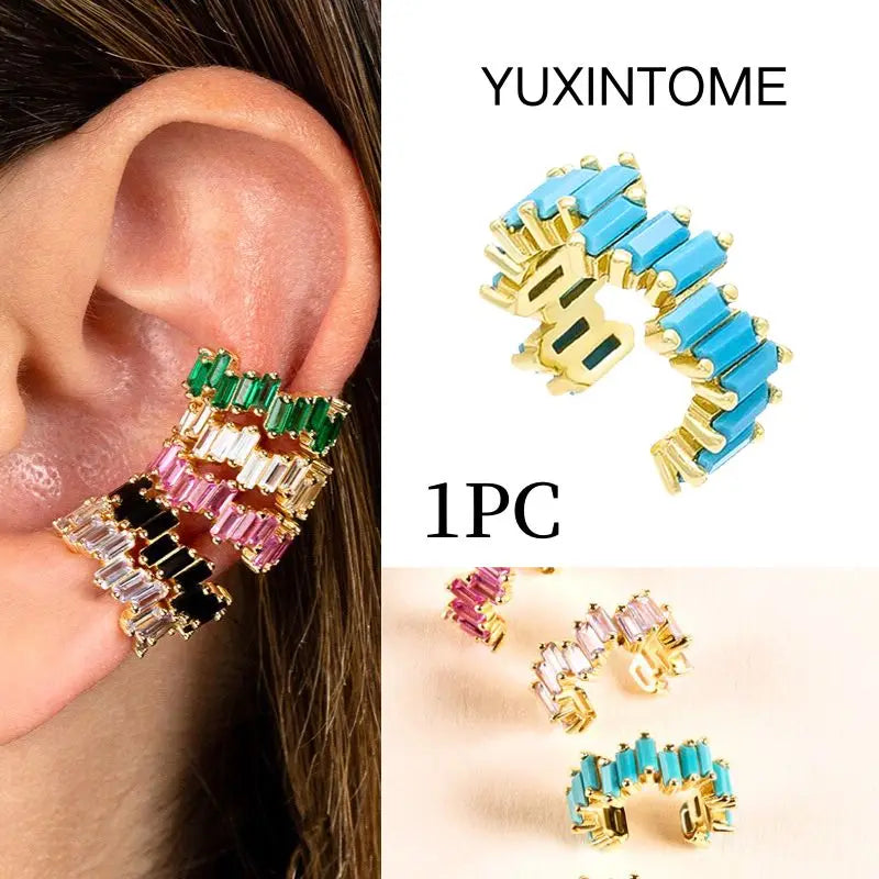 Pendientes chapados en oro de 24K para mujer, aretes con Clip de piedra de circón de cristal, joyería de lujo en forma de C, bisutería, 1 ud. - CR mark