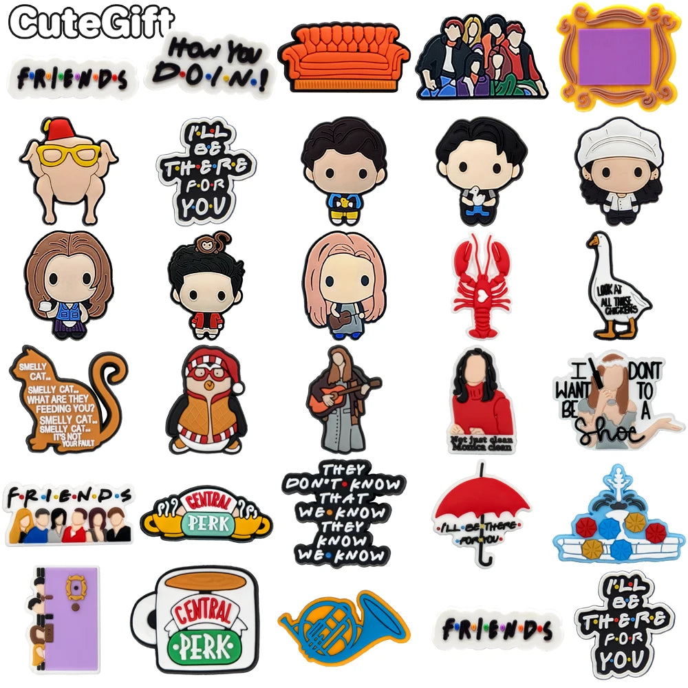 1-28 Pcs PVC Friends Shoe Charms for Women and Men Rachel Monica, Classic American Movie Clog Buckles for Sandals, Shoe Decoration Pins