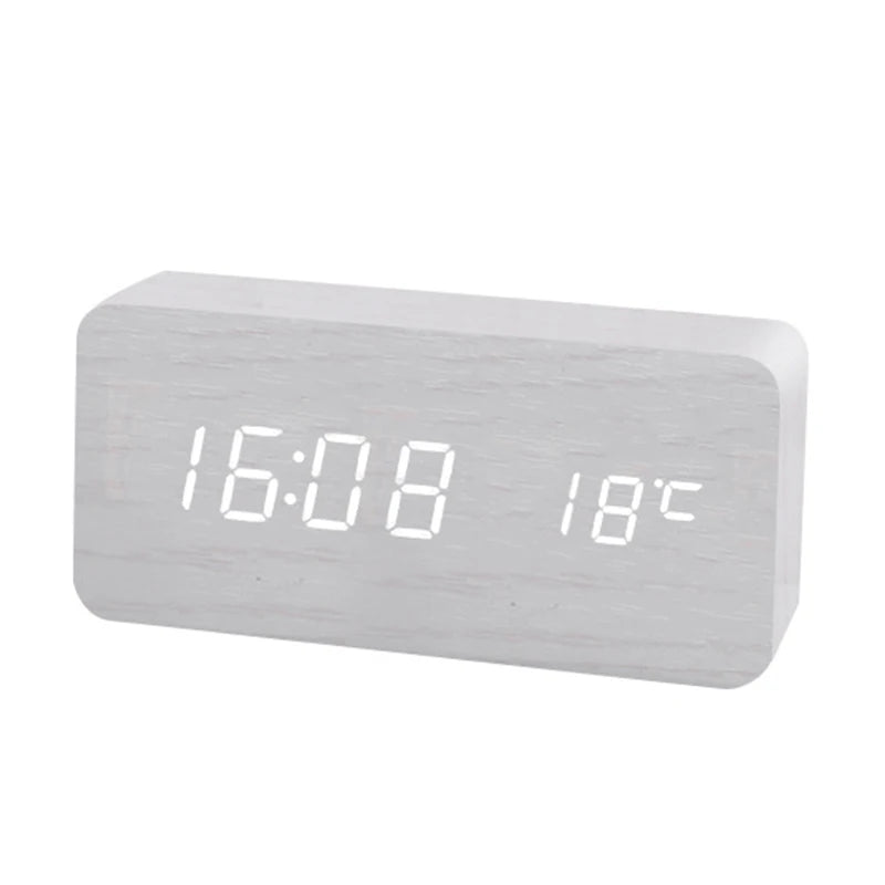 Wooden Digital Alarm Clock, LED Alarm Clock with Temperature Display for Office Desk, Night Clock