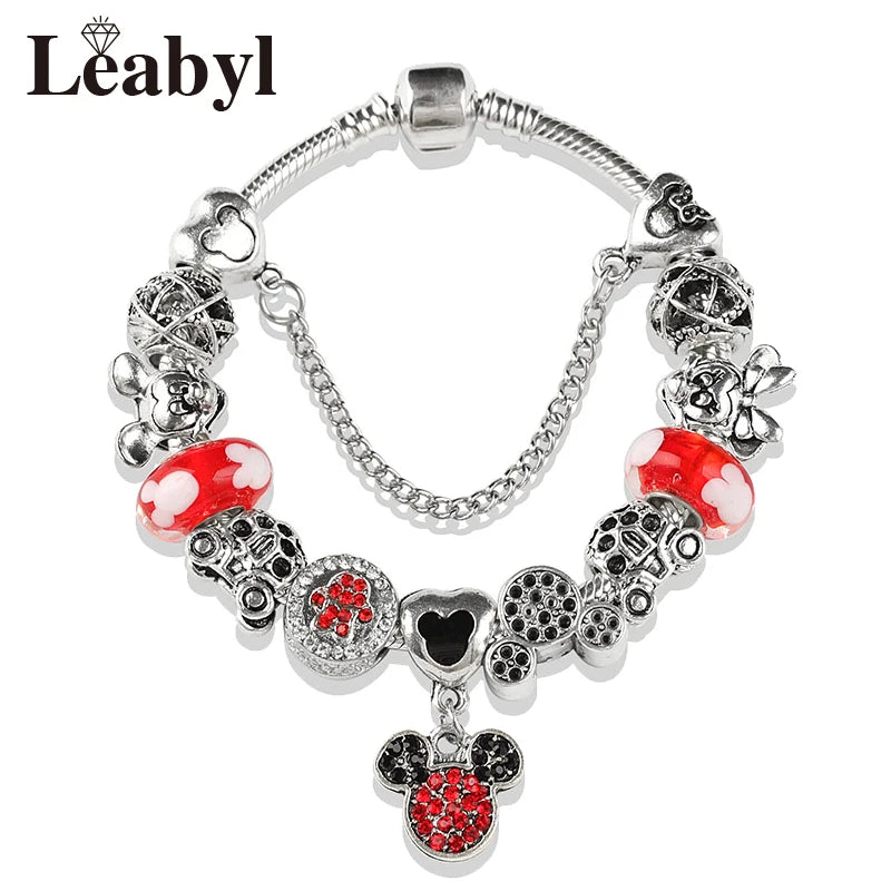 Beautiful pink crystal Disney Mickey and Minnie charm bracelet, silver-tone heart bead bracelet for women and girls, fashionable jewelry gift