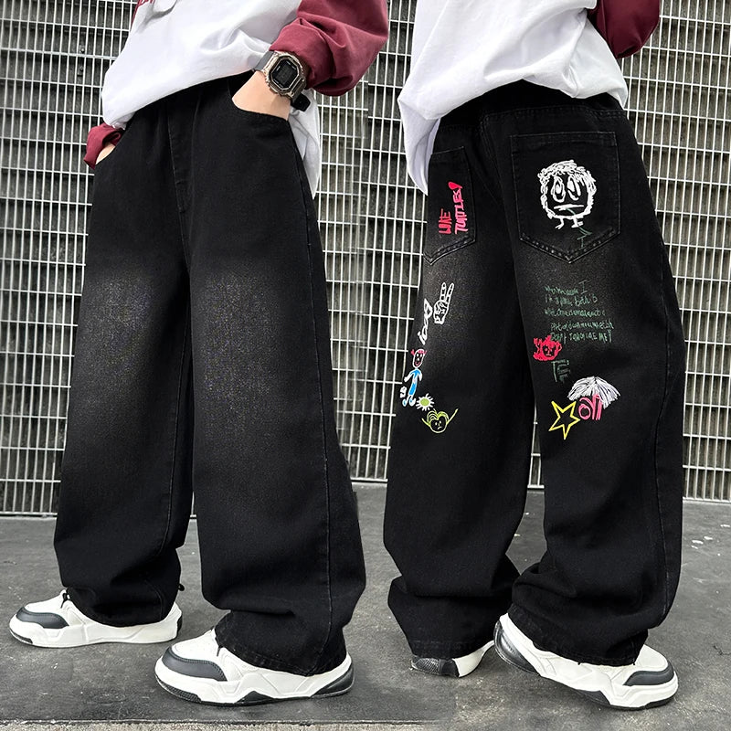 New fashion, black patterned jeans for boys and girls, casual streetwear, unisex children's jeans, straight leg jeans