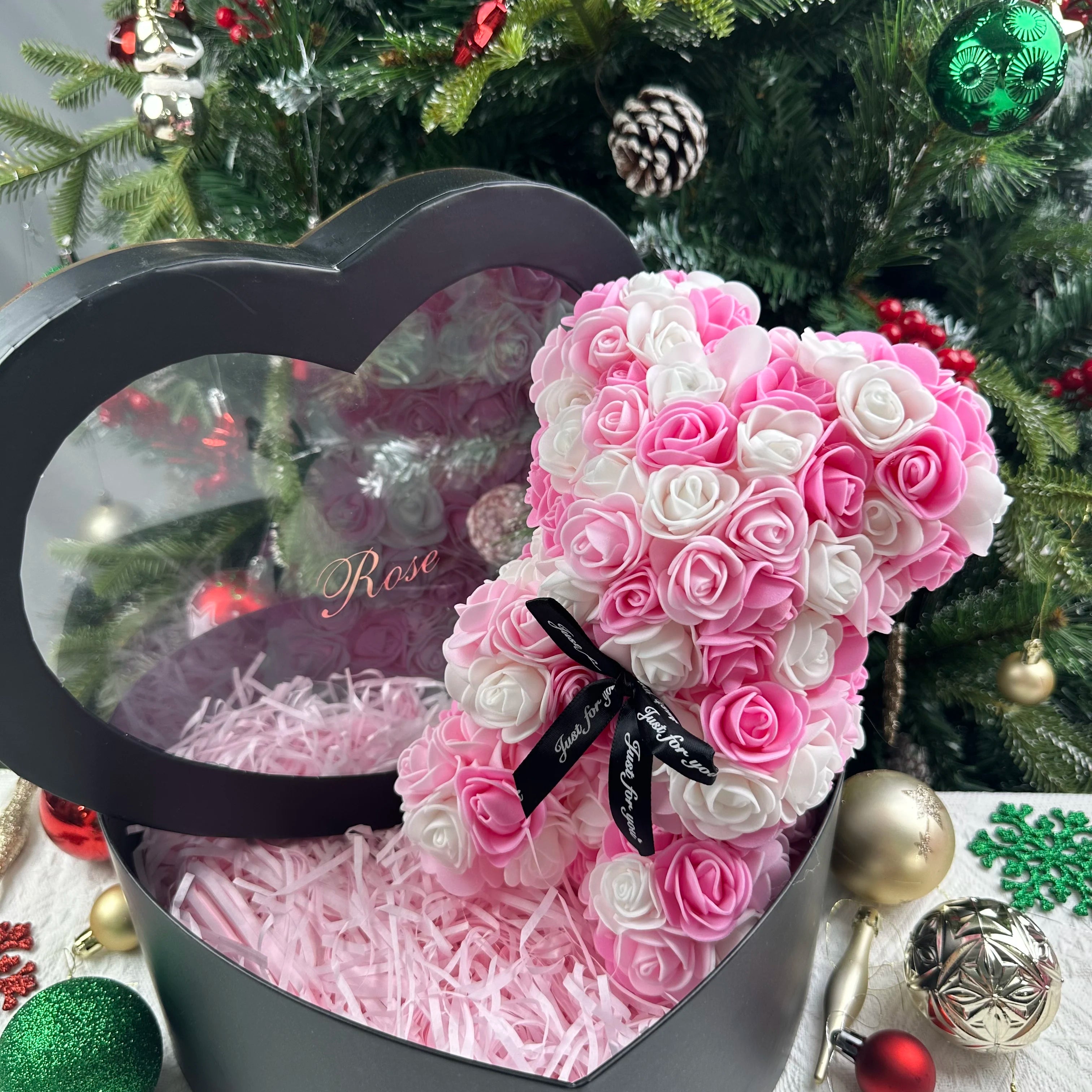 25cm Artificial Pink Flower Teddy Bear with Box, Romantic Valentine's Day Gift, Wedding and Anniversary Party Supplies for Girlfriend and Woman
