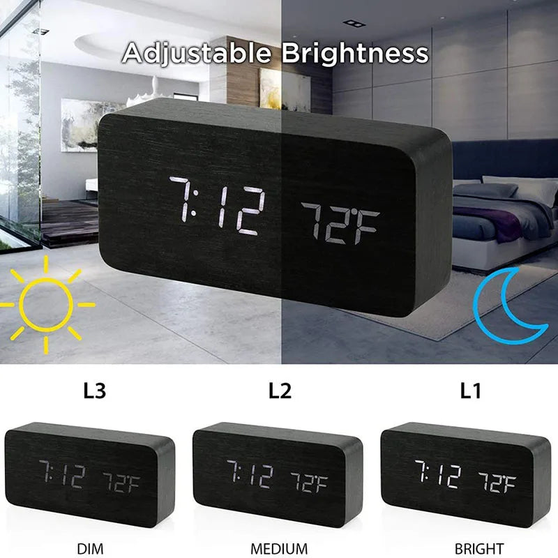 Wooden Digital Alarm Clock, LED Alarm Clock with Temperature Display for Office Desk, Night Clock