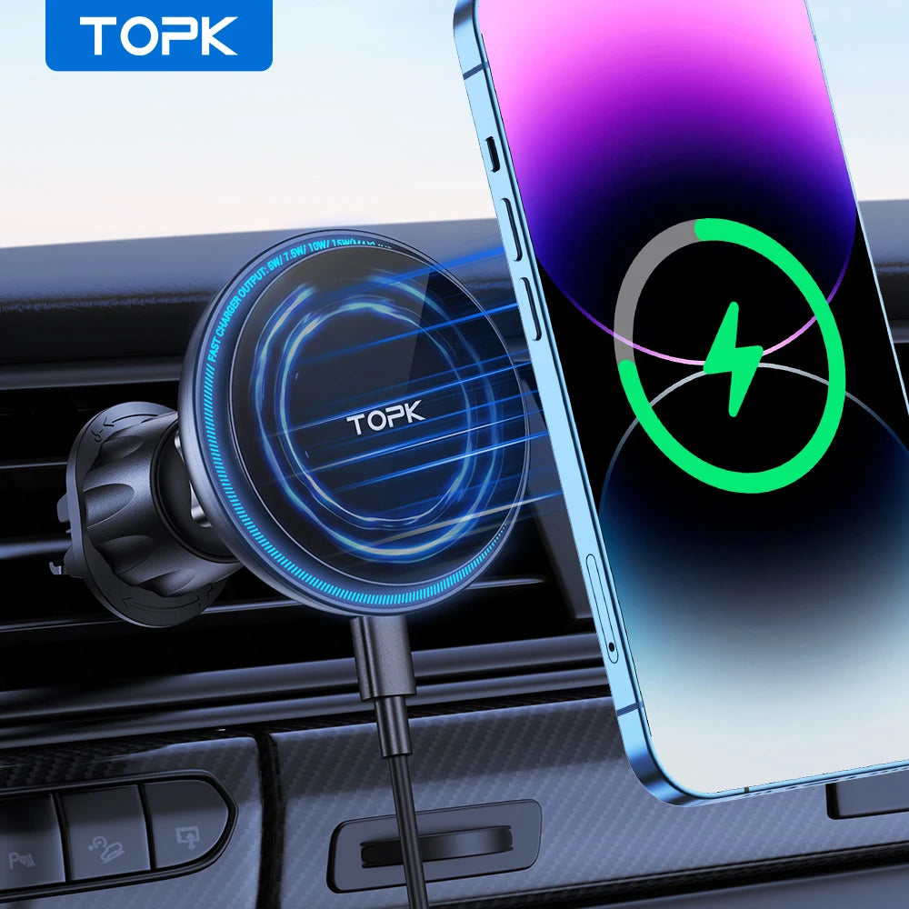 TOPK para Magsafe soporte para teléfono de coche cargador 15W soporte magnético inalámbrico rápido para teléfono de coche para salida de aire para iPhone 16/15/14/13/12