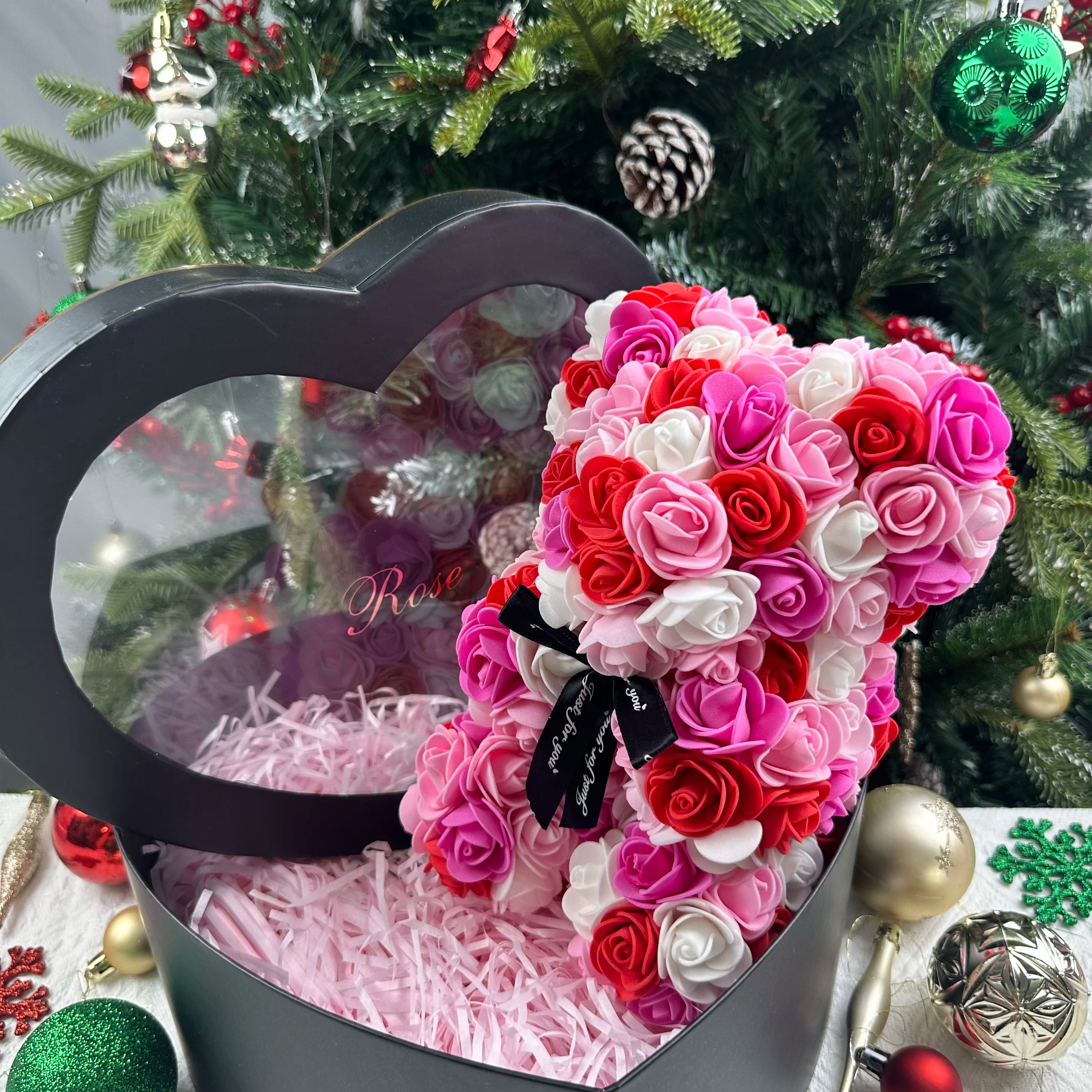 25cm Artificial Pink Flower Teddy Bear with Box, Romantic Valentine's Day Gift, Wedding and Anniversary Party Supplies for Girlfriend and Woman