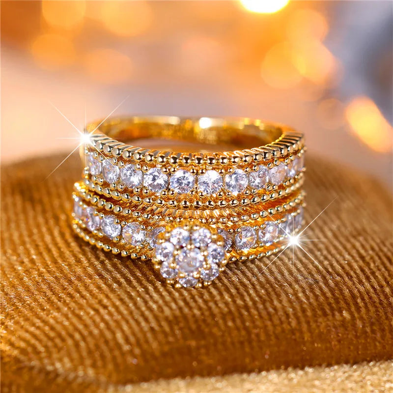 Conjunto de anillos redondos blancos de lujo para mujer, joyería de compromiso de Color oro amarillo a la moda, regalo de boda para novia - CR mark